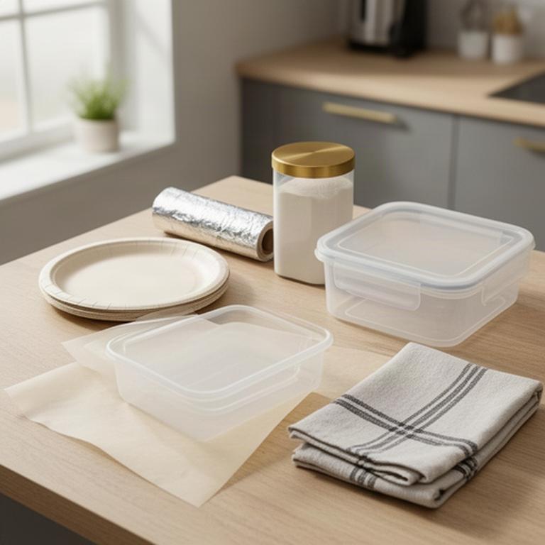 Bright home kitchen counter with paper plates, foil, baking paper, storage containers, and folded towels
