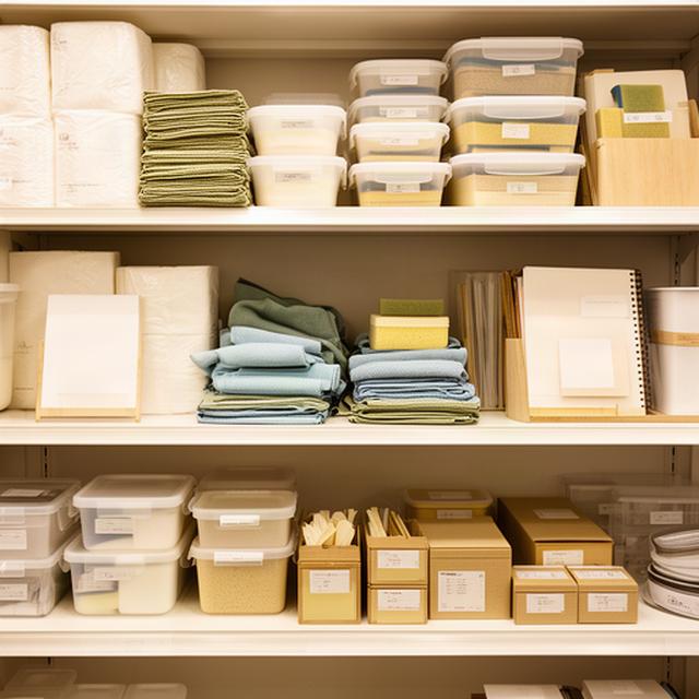 Organised household supplies on a bright retail shelf, including paper products, kitchen containers, cleaning cloths, and stationery