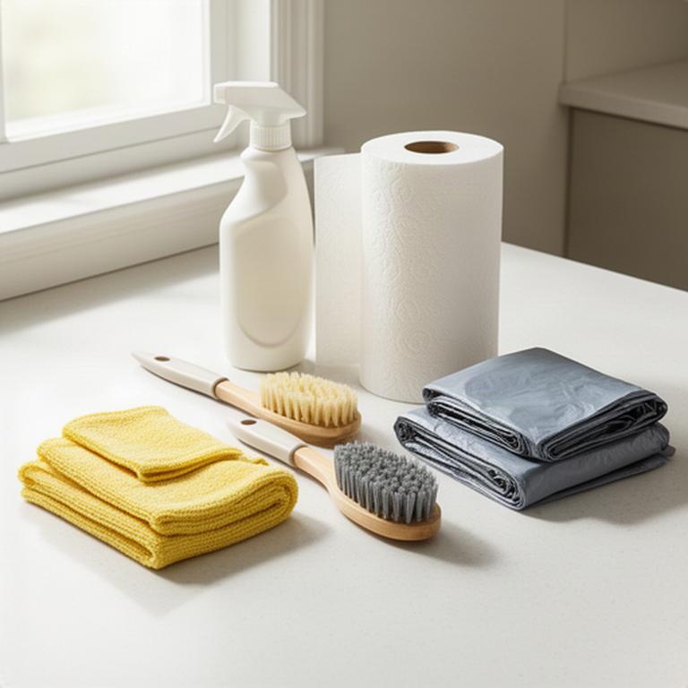 Microfiber cloths, dish brushes, paper towels, and garbage bags arranged on a bright utility counter