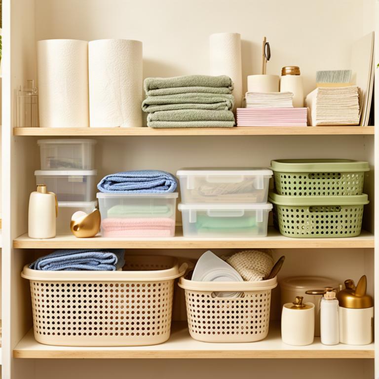 Organised household supplies including paper goods, cleaning cloths, storage containers, and stationery on a bright home utility shelf