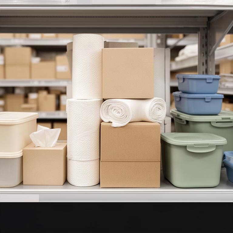 Stacked household paper goods and storage containers arranged on a clean warehouse shelf