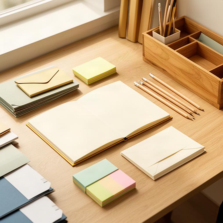Organized office desk with an open notebook, pencils, sticky notes, folders, and a wooden desk organizer