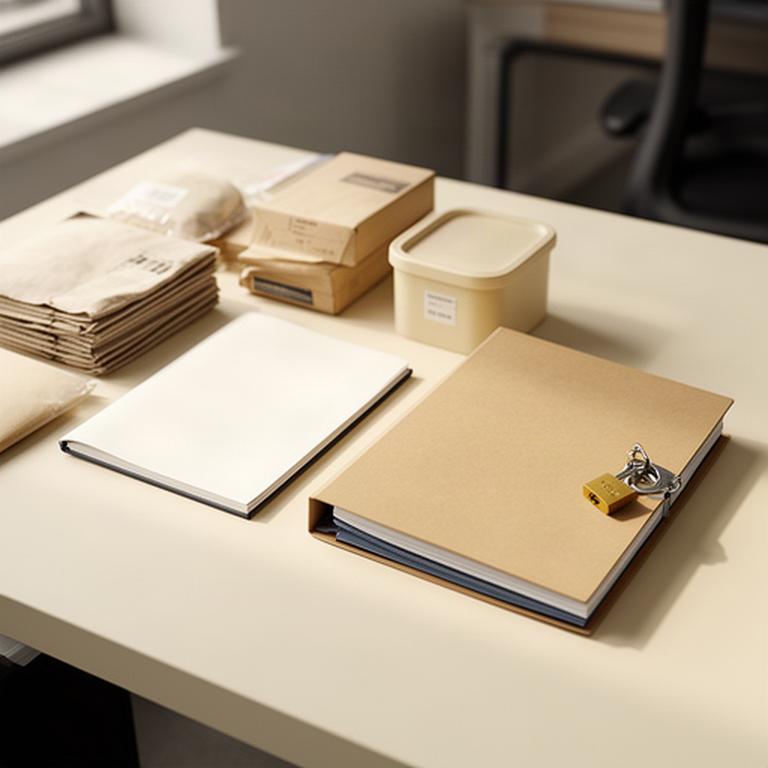 Organized household supply order beside a notebook and locked privacy folder on a clean office desk