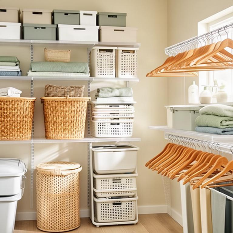 Neatly arranged storage boxes, laundry baskets and wooden hangers in a bright home utility room