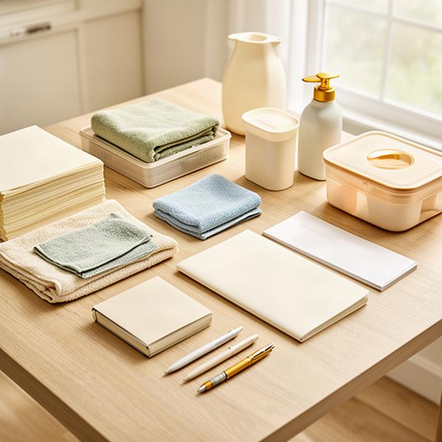 Organized paper goods, cleaning cloths, storage containers, and stationery arranged on a bright household worktable